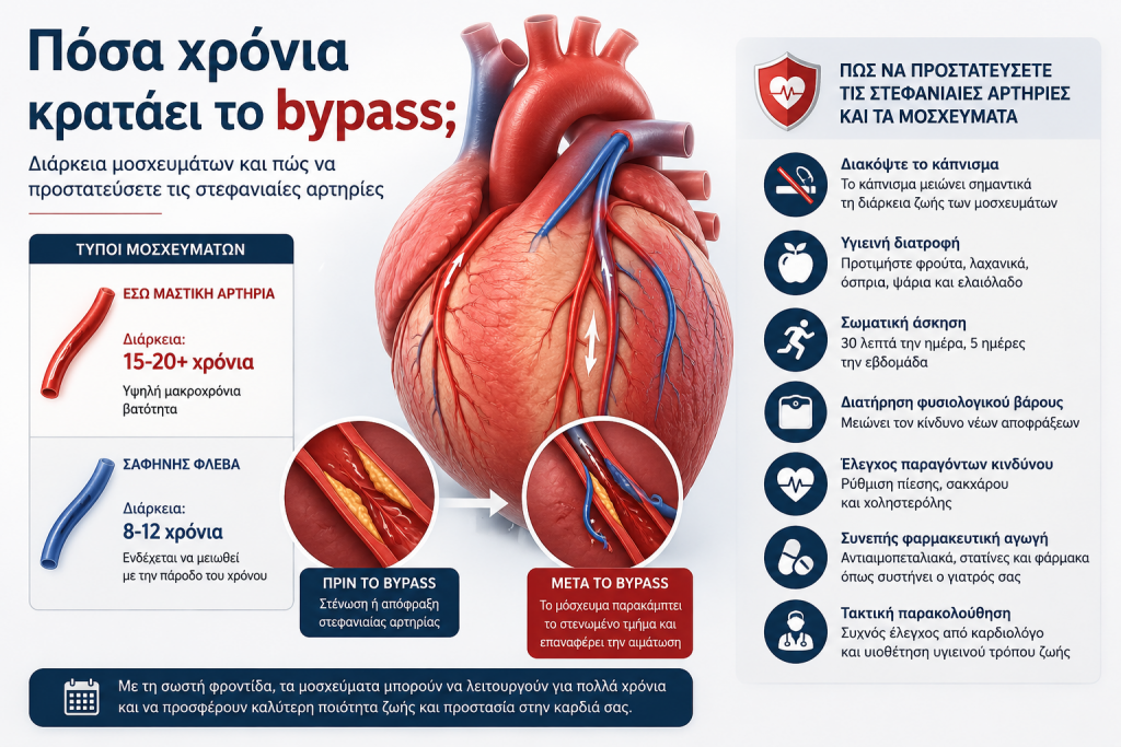 Πόσα χρόνια κρατάει το bypass; Διάρκεια μοσχευμάτων και πώς να προστατεύσετε τις στεφανιαίες αρτηρίες